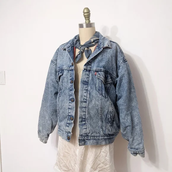 Vintage 80s 90s Levis 70417 0819 Acid Wash Denim Jean Barn Trucker Plaid Flannel - Picture 2 of 5